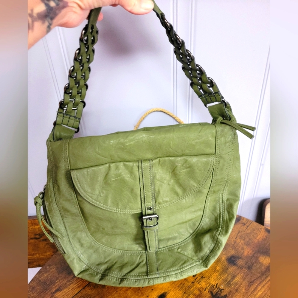 GAL Green PU Leather Shoulder Bag unique strap/buckle